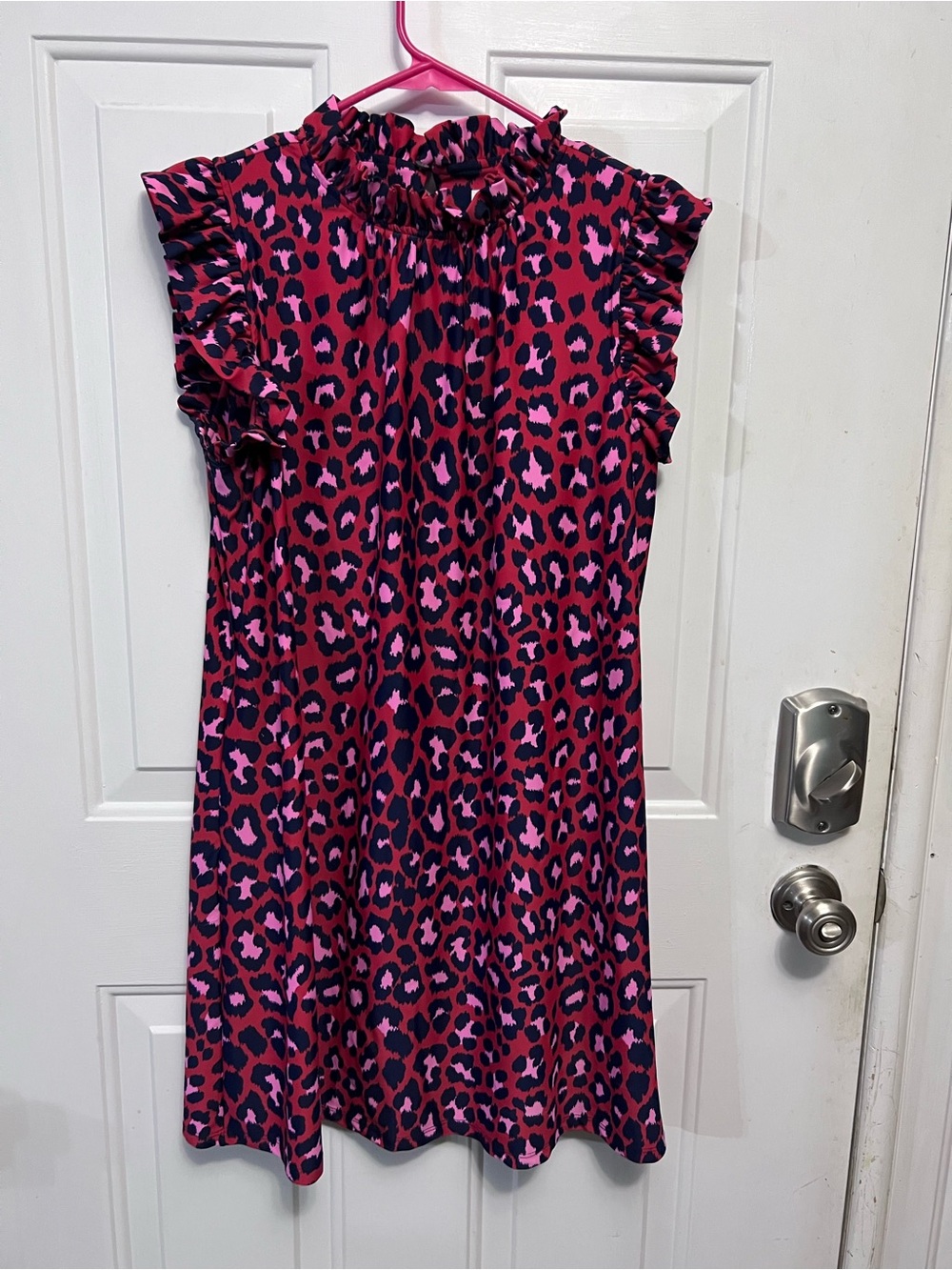 Jude Connally Medium Leopard Dress Pink Red Navy Ruffle Neck Sleeves USA Made
